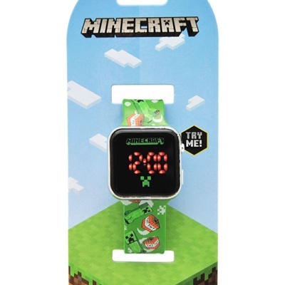 Relógio LED Minecraft com bracelete verde e visor digital em embalagem azul
