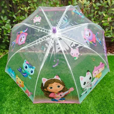 Guarda-chuva infantil transparente com desenhos de gatos e menina a tocar ukulele