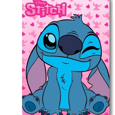 Cartão rosa com personagem Stitch azul da Disney e texto Disney Stitch