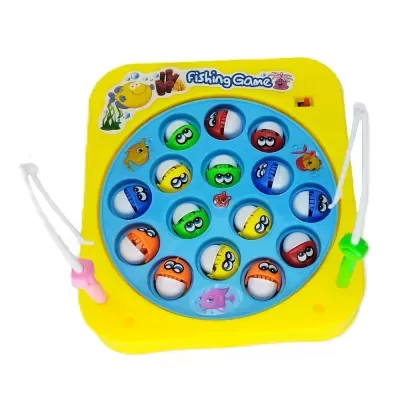Jogo de pesca infantil amarelo e azul com peixes coloridos e duas varas de pesca