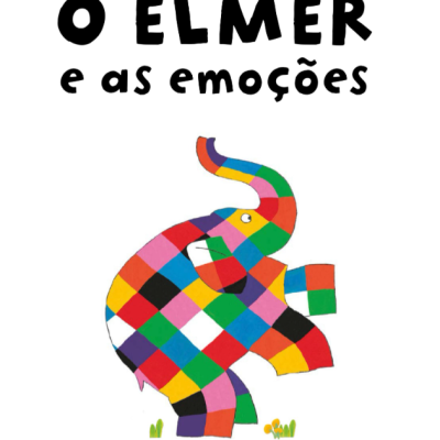 Capa de livro com elefante colorido e título 'O ELMER e as emoções'