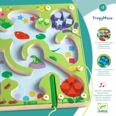 Labirinto magnético Djeco FroggyMaze em madeira com formas coloridas e desenhos de animais e plantas.