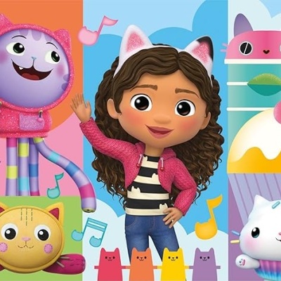 Personagem humana e figuras de gatos animados coloridos e cupcakes com motivos de gato.