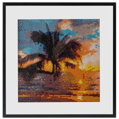Quadro decorativo com imagem pixelada de pôr do sol com palmeira