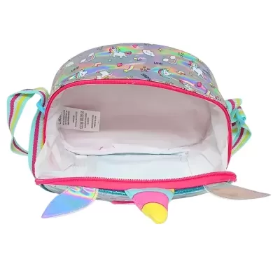 Mala pequena com padrão de unicórnios coloridos e zíper rosa aberta mostrando interior branco