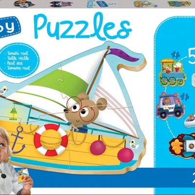 Embalagem de jogo baby Puzzles EDUCA com barco amarelo e urso e outros veículos coloridos para crianças a partir de 24 meses