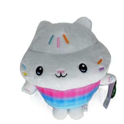 Pelúcia branca de cupcake com rosto de gato e cores rosa e azul