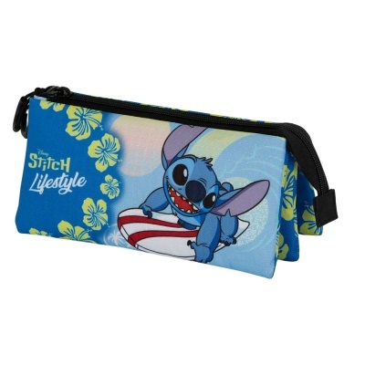 Estojo escolar azul com personagem Stitch e flores amarelas