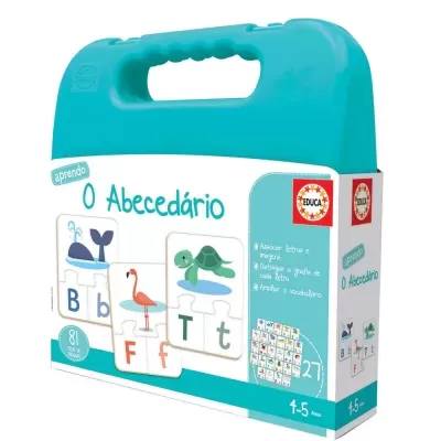 Mala azul turquesa com jogo educativo aprendo O Abecedário da EDUCA para crianças, com puzzles de letras e imagens de animais