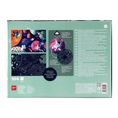 Caixa de puzzle de 104 peças com imagem espacial e texto em várias línguas