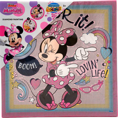 Pintura em diamante Minnie Mouse com texto e elementos coloridos