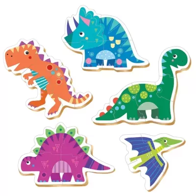 Peças de madeira com dinossauros coloridos e padrões decorativos