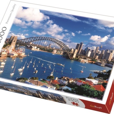 Caixa de puzzle Trefl 1000 peças com imagem do porto de Sydney e Sydney Harbour Bridge.