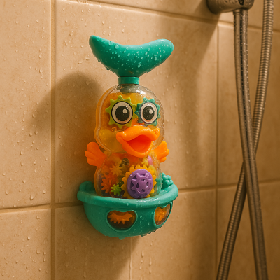 Brinquedo de banho de pato amarelo com detalhes azuis e rodas dentadas coloridas