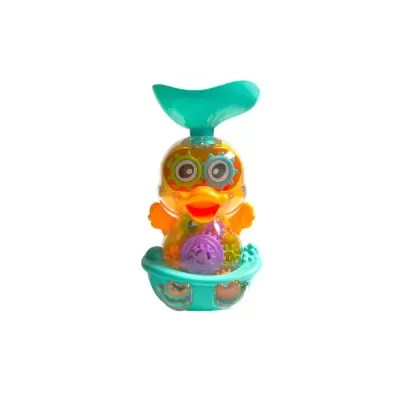 Brinquedo de pato com engrenagens coloridas dentro e base verde-turquesa