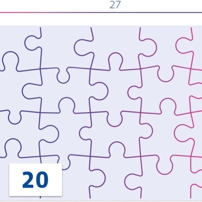 Peças de puzzle interligadas com linhas coloridas em fundo branco e número 20