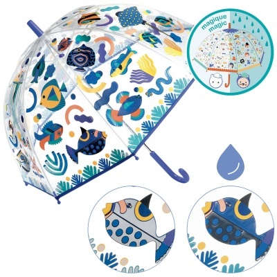 Guarda-chuva transparente com desenho colorido de peixes e plantas aquáticas