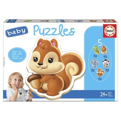 Embalagem branca e azul de puzzle baby com desenho de esquilo castanho e informações do produto