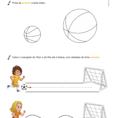 Página de atividade educativa com desenhos de bolas, crianças a correr com bola de futebol e balizas, texto em português com instruções para pintar e traçar linhas.