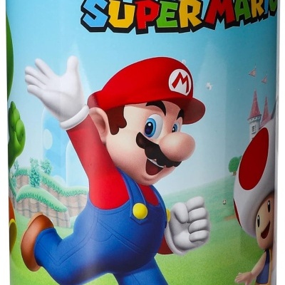 Pote metálico com tampa e ranhura decorado com personagens do jogo Super Mario.