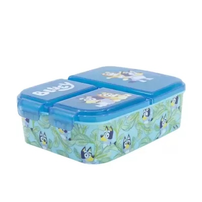 Caixa de plástico azul com personagens do desenho animado Bluey e padrão de folhas verdes