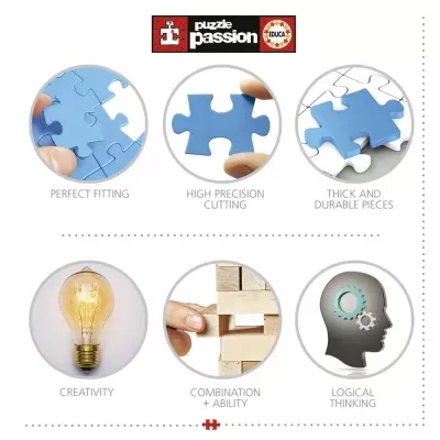 Promoção de puzzle com peças azuis e brancas e ícones ilustrando criatividade e pensamento lógico.