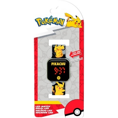Relógio LED infantil Pokémon Pikachu em embalagem com logo Pokémon e Pokébola