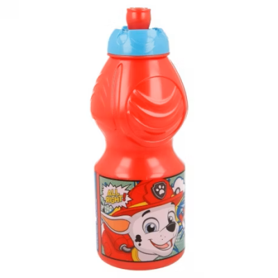 Garrafa vermelha com tampa azul e desenho de cão bombeiro