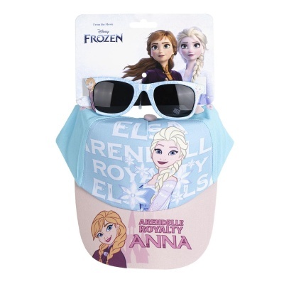 Conjunto infantil Disney Frozen com boné rosa e azul claro e óculos de sol brancos