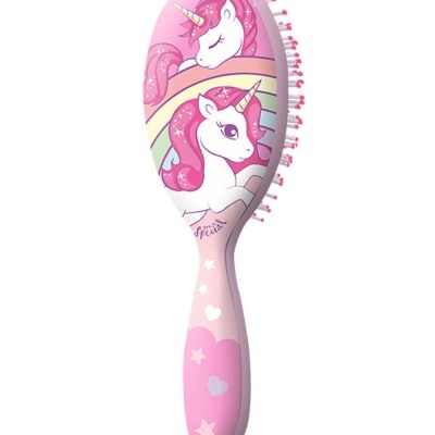 Escova de cabelo rosa com unicórnios e arco-íris