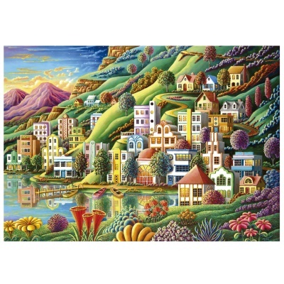 Quadro colorido de vila pitoresca junto a lago com casas, flores, árvores e montanhas ao fundo