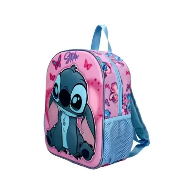 Mochila infantil rosa e azul com estampa do personagem Stitch e borboletas