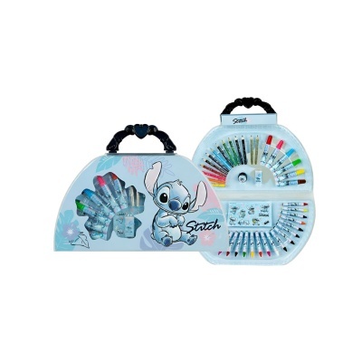 Estojo azul claro com personagem Stitch e materiais de desenho para crianças