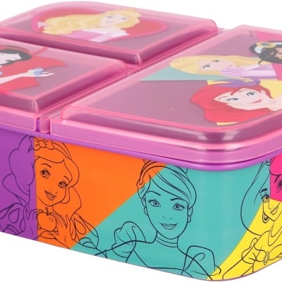 Recipiente de plástico colorido para lanche com princesas Disney e tampa cor-de-rosa