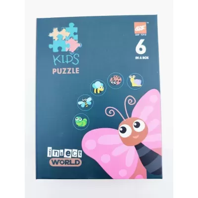 Caixa de puzzle infantil azul escura com borboleta cor-de-rosa e texto