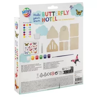 Conjunto para montar e pintar hotel para borboletas com partes de madeira, tinta colorida e pincel