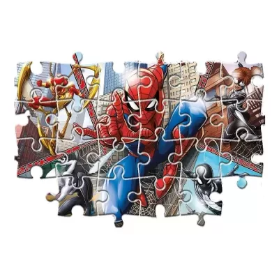 Puzzle infantil Spider-Man com 24 peças e personagens em cena urbana