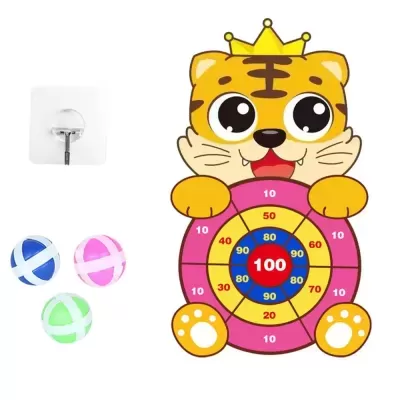 Jogo de dardos infantil com alvo cor-de-rosa e amarelo e tigre decorativo