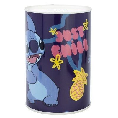 Cofre cilíndrico com personagem Stitch e texto JUST CHILL em fundo azul escuro