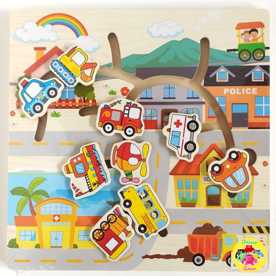 Puzzle de madeira com veículos coloridos para encaixe
