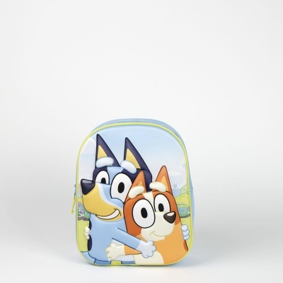 Mochila infantil com estampa de personagens de desenho animado com dominância de azul