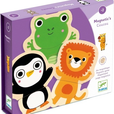 Caixa de jogo magnético com figuras de animais cartoon em fundo lilás