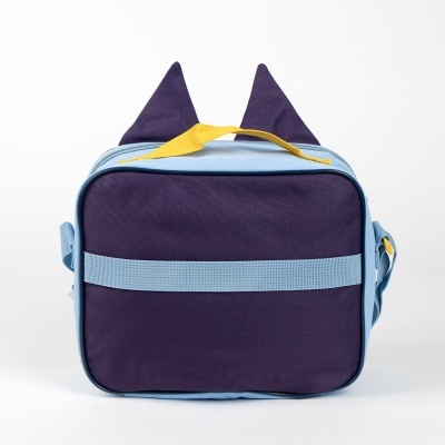 Mochila quadrada azul escuro com detalhes azuis claros e amarelas, com orelhas pontiagudas, em fundo branco