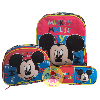Mochila, saco e estojo coloridos com imagem de Mickey Mouse