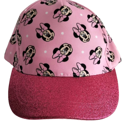 boné cor-de-rosa com padrão de Minnie Mouse e viseira brilhante