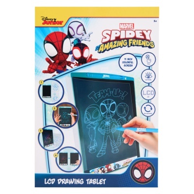 Embalagem do LCD Drawing Tablet Marvel Spidey Amazing Friends com desenho de personagens e caneta azul.