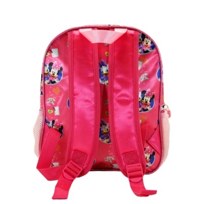 Mochila infantil rosa com alças vermelhas e estampa da Minnie vista por trás