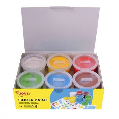 Pacote com seis potes de tinta de dedo colorida e tampa, marca Jovi.