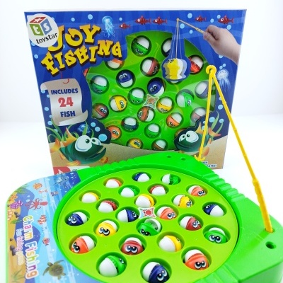 Jogo de pesca verde com peixes coloridos e embalagem azul JOY FISHING