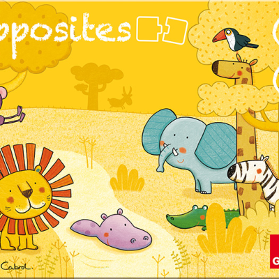 Embalagem amarela de jogo Opposites com ilustrações de animais de desenho